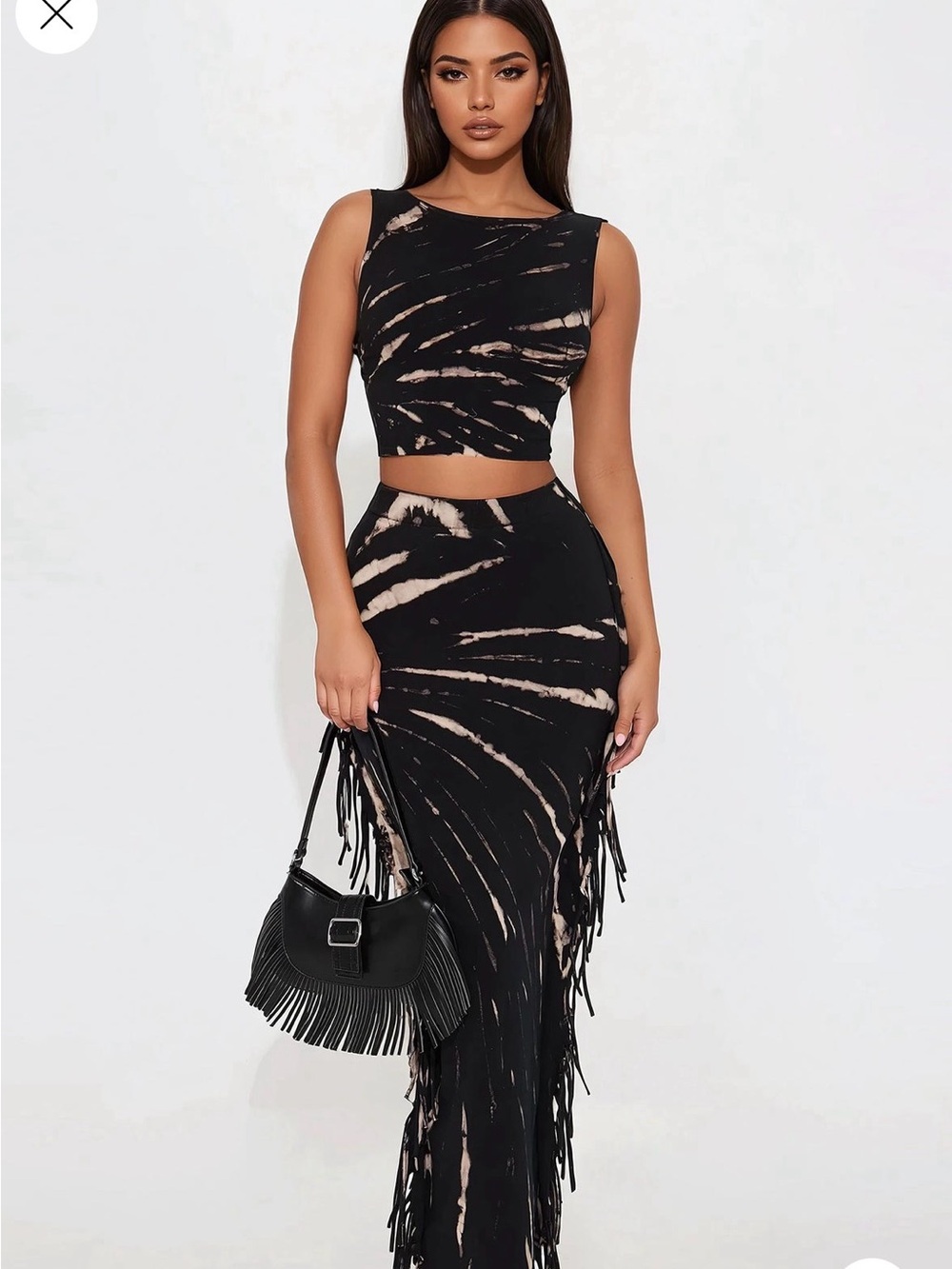 Fashion Nova Black & Beige Tie-Dye Fringe Maxi Skirt Set